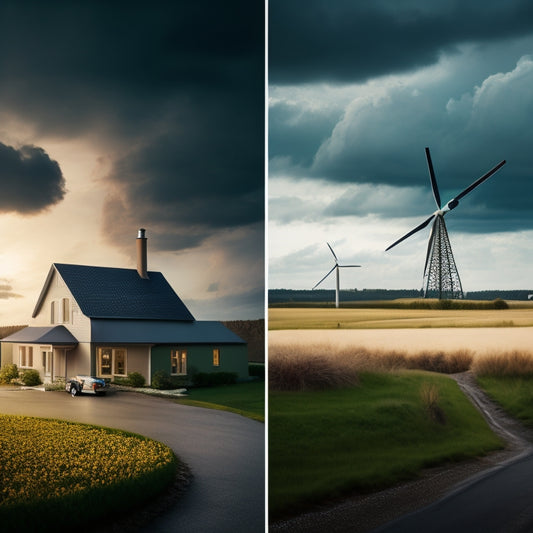 A split-screen image featuring a dark, stormy sky with a house in the distance on one side, and a bright, sunny sky with a house powered by solar panels and a wind turbine on the other.
