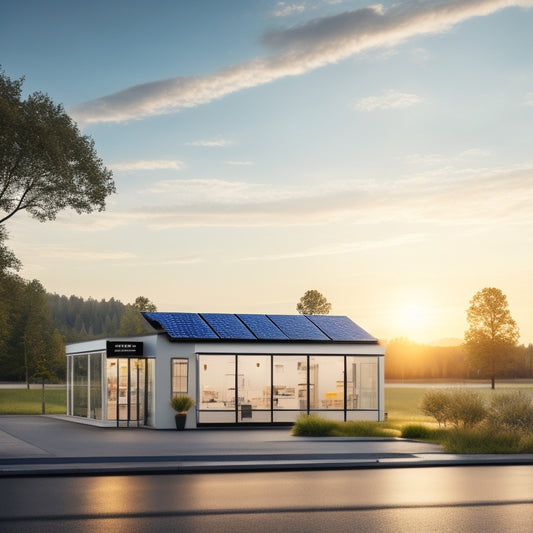 A serene, sunny landscape with a small business storefront in the distance, featuring solar panels on the roof, a battery storage system visible through a large window, and a subtle, glowing aura surrounding the building.