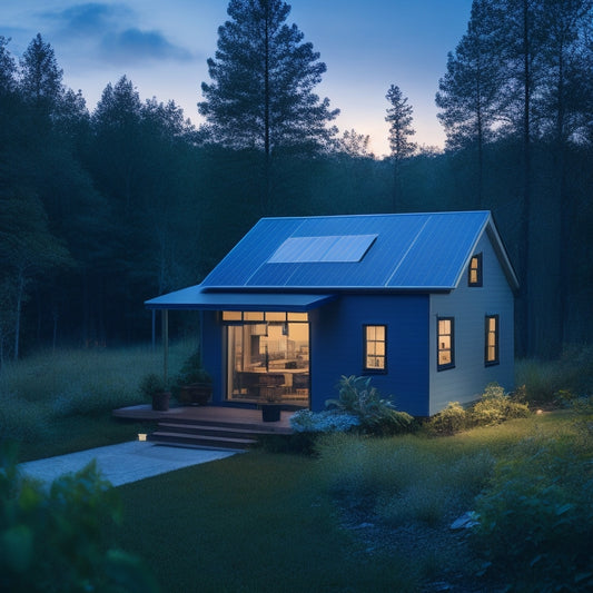 A serene off-grid cabin surrounded by lush greenery, with a rooftop array of solar panels and a sleek, modern battery system installed on the exterior wall, emitting a soft blue glow at dusk.