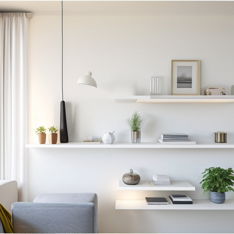 A bright, modern room with sleek shelves, solar panels on the wall, and wire connectors that blend seamlessly, with a subtle glow effect on the connectors, amidst a minimalist, neutral-colored background.