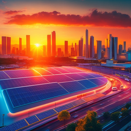 A futuristic solar-powered cityscape at sunset, featuring sleek solar panels on rooftops, vibrant lithium battery storage units, and electric vehicles, all interconnected with glowing energy lines, showcasing innovation and sustainability.