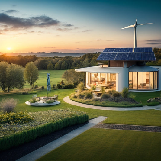 A serene landscape with a modern, sustainable home in the center, surrounded by solar panels, a wind turbine, and a garden, with a subtle, glowing aura symbolizing energy independence.
