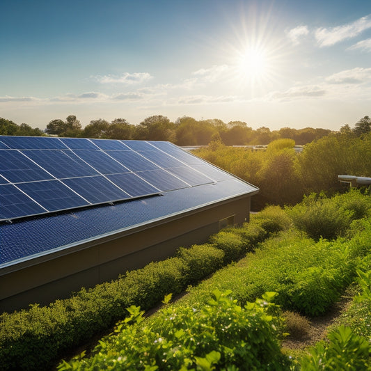 A sunlit rooftop adorned with sleek solar panels, surrounded by lush greenery and a clear blue sky. Include an angled view showcasing mounting brackets and a sunny landscape in the background.