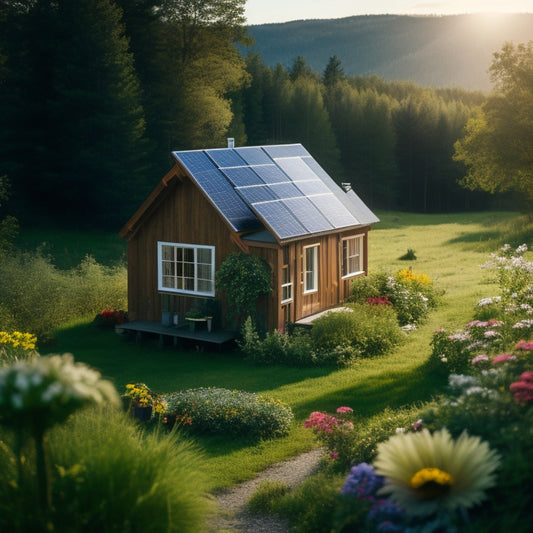 A serene cabin surrounded by lush greenery, featuring solar panels on the roof, a wind turbine nearby, and a small garden with vibrant flowers, all under a bright blue sky with fluffy white clouds.