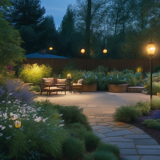 A serene backyard scene at dusk, featuring various sleek solar lights illuminating vibrant flower beds and a cozy patio, surrounded by lush greenery and twinkling stars overhead, casting a warm and inviting glow.