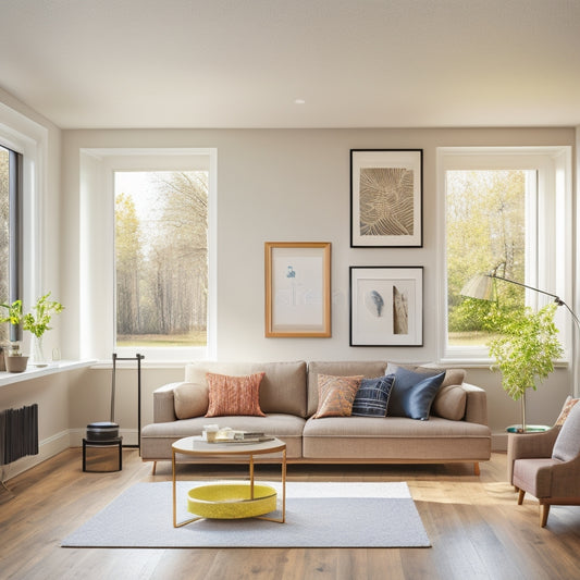 A bright, modern living room with a sleek, compact energy kit installed on a wall, featuring a sleek inverter, a bank of batteries, and a small solar panel on the window sill.