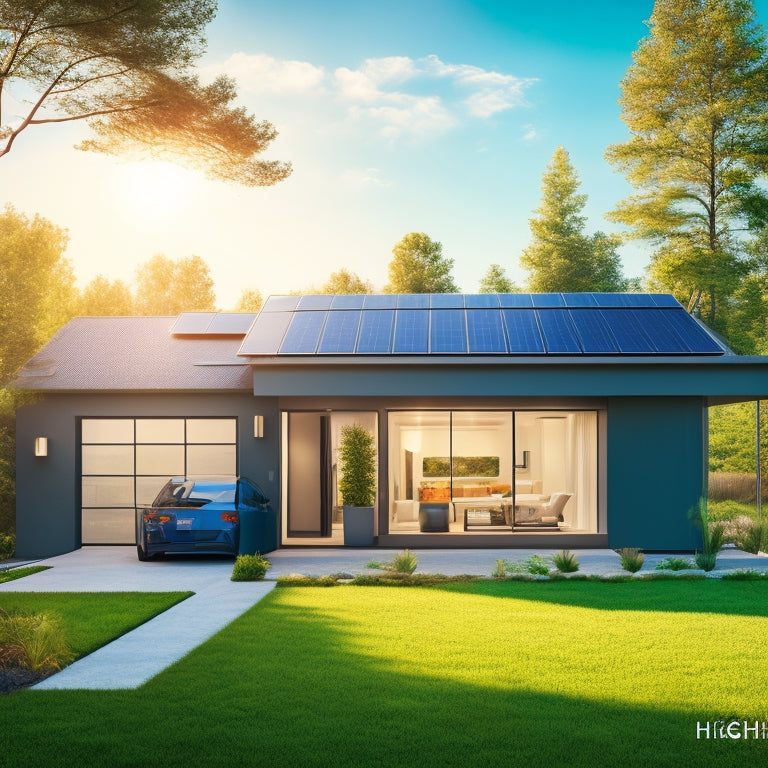 A modern home with solar panels on the roof, a sleek energy storage unit in the garage, and a smart home hub on the wall, surrounded by greenery and a sunny background.