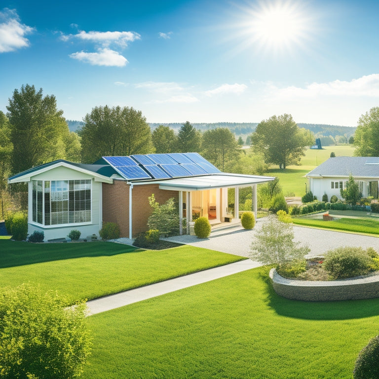 A serene suburban landscape featuring a modern home with solar panels on the roof, a wind turbine in the yard, and a small garden with a rainwater collection system, all under a clear blue sky.