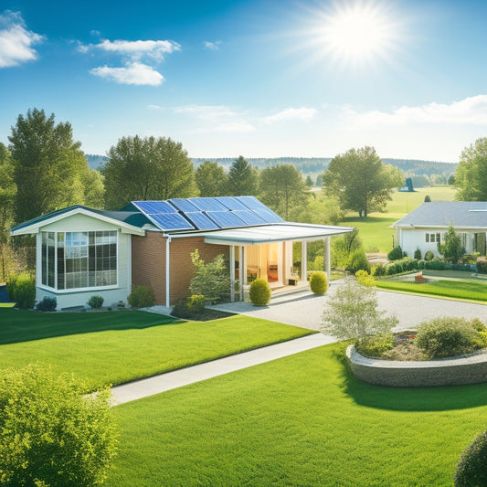 A serene suburban landscape featuring a modern home with solar panels on the roof, a wind turbine in the yard, and a small garden with a rainwater collection system, all under a clear blue sky.