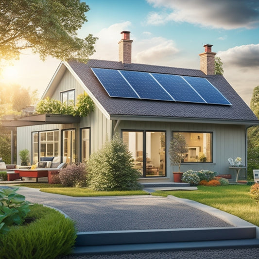 A cozy home with solar panels on the roof, a small wind turbine in the yard, and vibrant indoor plants. Sunlight streams through large windows, illuminating energy-efficient appliances and a charging electric vehicle outside.