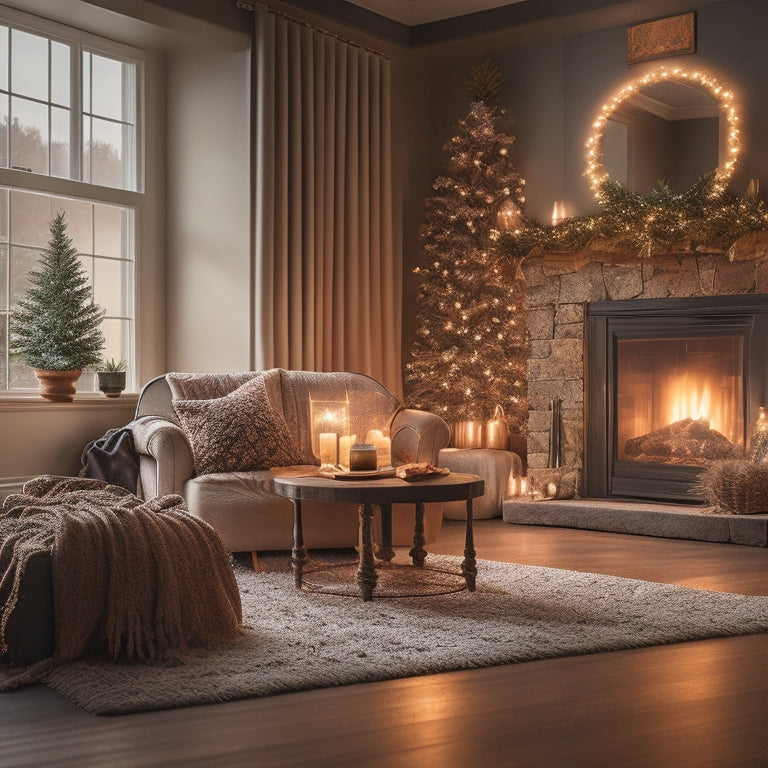 A cozy living room with a warm glow, snowflakes gently falling outside the window, a programmable thermostat on the wall, and a rug insulating a hardwood floor, amidst a backdrop of twinkling string lights.