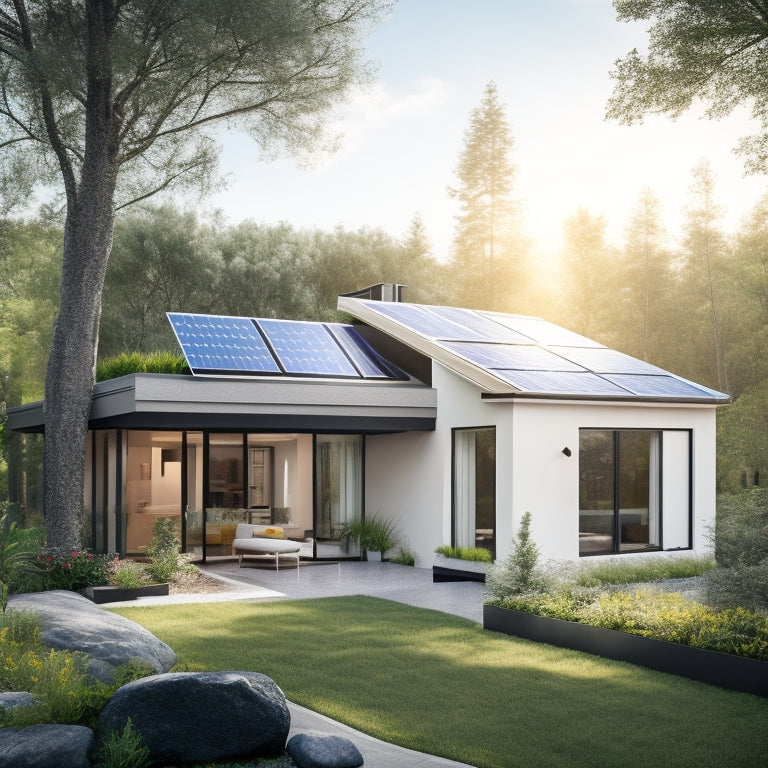 A modern home with sleek, integrated solar panels on the roof, surrounded by lush greenery, showcasing energy-efficient features like a garden, electric vehicle charging station, and sunlit interior, symbolizing sustainability and innovation.