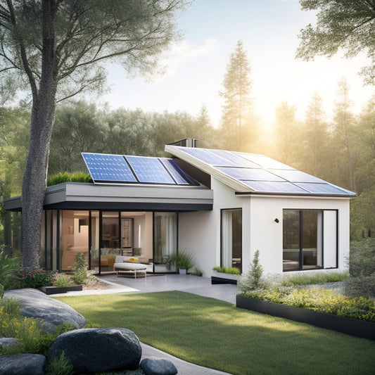 A modern home with sleek, integrated solar panels on the roof, surrounded by lush greenery, showcasing energy-efficient features like a garden, electric vehicle charging station, and sunlit interior, symbolizing sustainability and innovation.
