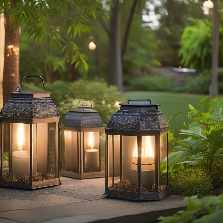 A serene outdoor setting featuring a variety of eco-friendly lanterns made from bamboo, recycled glass, and solar panels, illuminating a lush garden with soft, warm glows, surrounded by greenery and natural elements.