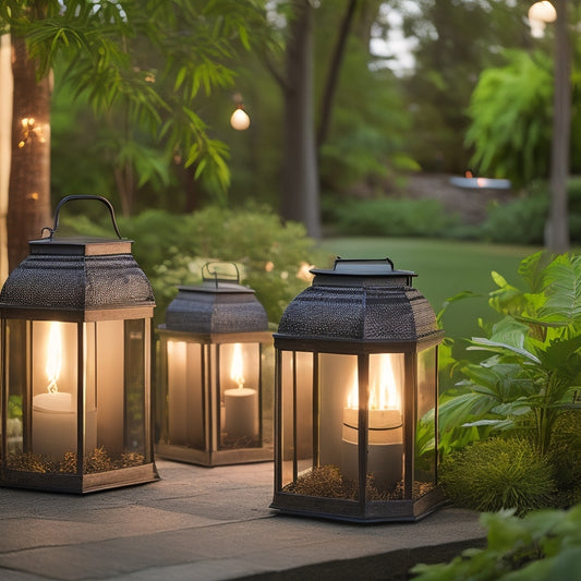 A serene outdoor setting featuring a variety of eco-friendly lanterns made from bamboo, recycled glass, and solar panels, illuminating a lush garden with soft, warm glows, surrounded by greenery and natural elements.