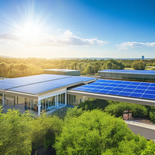 A vibrant rooftop scene showcasing custom solar panels on a modern business building, surrounded by lush greenery, with a clear blue sky, sunlight glistening on the panels, and employees engaging happily below.