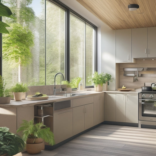 A modern, eco-friendly kitchen featuring a corner unit with solar panels integrated into the cabinet doors, surrounded by lush greenery and natural light pouring in through large windows.