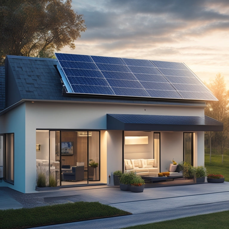 An illustration of a modern home with a rooftop solar panel array, a sleek battery bank installed on an interior wall, and a subtle grid of electrical lines and circuits in the background.