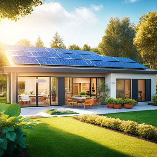 A modern home with solar panels on the roof, a sleek solar battery unit beside a vibrant garden, sunlight streaming down, surrounded by energy efficiency icons, showcasing sustainability and eco-friendly living.