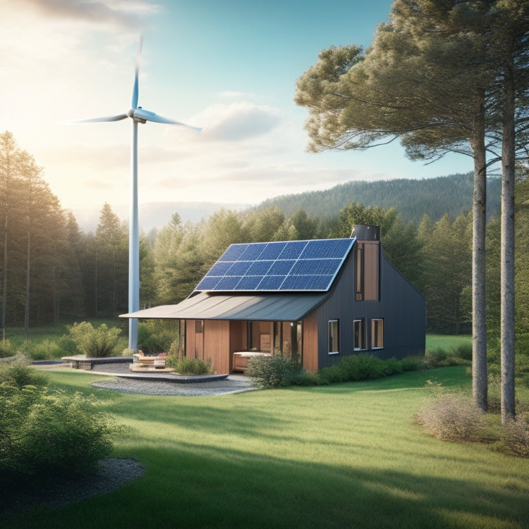 A serene, isolated off-grid home surrounded by lush greenery, with a subtle hint of solar panels on the roof, a wind turbine in the distance, and a sleek, modern energy storage system prominently displayed.