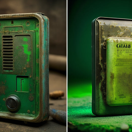 A split-screen image featuring a worn-out battery on the left, with cracks, rust, and corrosion, alongside a healthy battery on the right, with a green glow, clean terminals, and a sturdy casing.