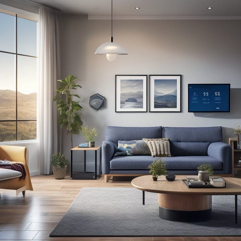 A modern living room with a sleek, wall-mounted battery pack in the background, surrounded by a few solar panels and a smart home hub, with a subtle glow emanating from the devices.
