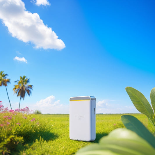A sleek, compact portable charger with a built-in solar panel, set against a serene outdoor backdrop of lush greenery and a bright blue sky, with a few wispy white clouds.