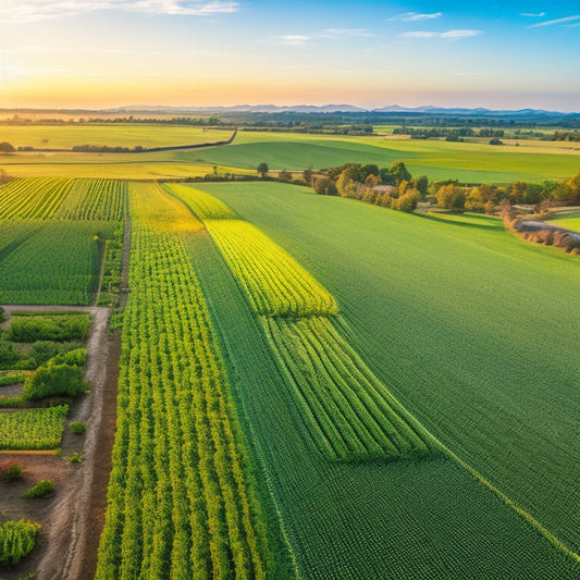 A vibrant, lush farm landscape showcasing diverse crops, advanced irrigation systems, and farmers using technology like drones and soil sensors, all under a clear blue sky, symbolizing innovation in agriculture and increased productivity.