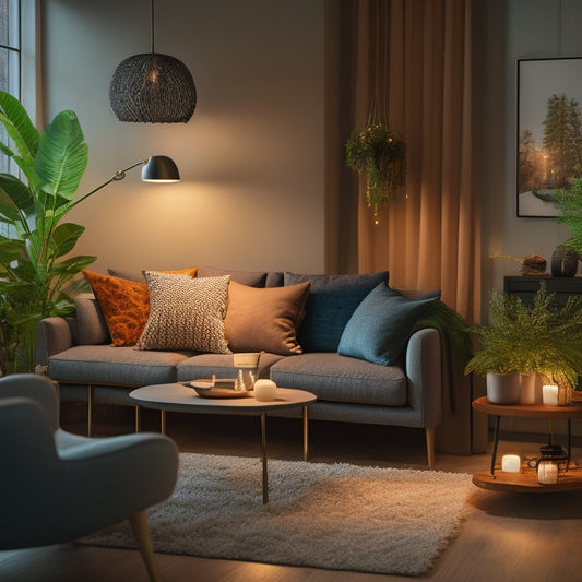 A cozy living room featuring various alternative lighting options: warm pendant lights, a stylish floor lamp, and soft LED strip lights along the shelves, casting a gentle glow on modern decor and plants.