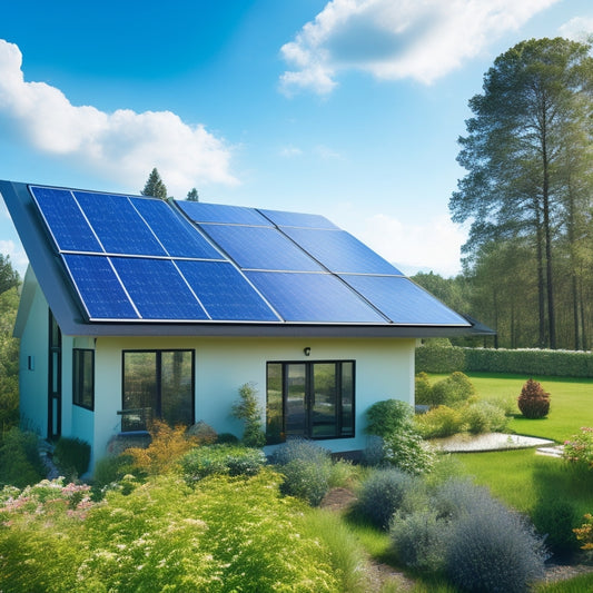 Image prompt: A modern, sleek, butterfly roof with flush mount solar panels seamlessly integrated, surrounded by lush greenery, against a bright blue sky with a few wispy clouds.