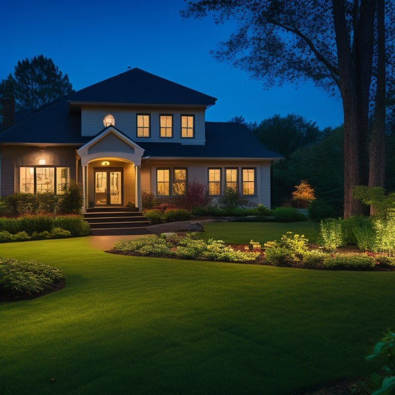 A serene suburban home at dusk, illuminated softly by warm lights, with a sleek emergency power backup system visibly operating in the garden, surrounded by lush greenery and a peaceful ambiance, symbolizing security and reliability.