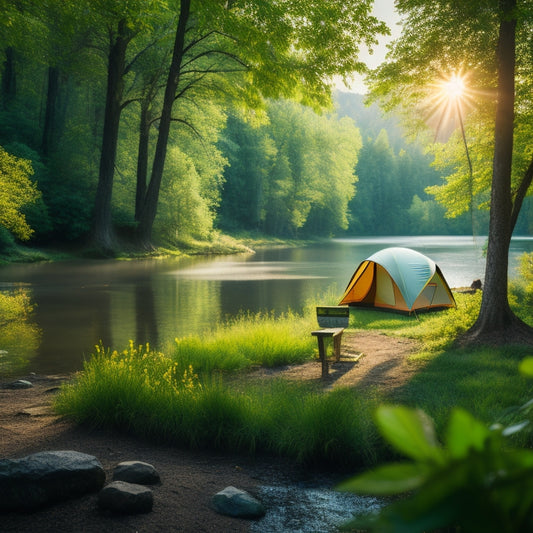 A serene campsite featuring solar-powered tents nestled among lush green trees, sunlight filtering through leaves, equipped with solar panels, surrounded by vibrant wildflowers and a tranquil river, showcasing harmony with nature.