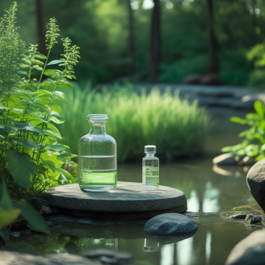 A serene outdoor scene featuring a clear plastic container filled with murky water, a small solar still, and a dropper pouring purified water into a glass, surrounded by lush greenery.