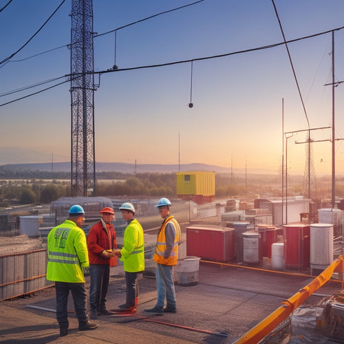 A bustling urban landscape with power lines and smart meters, engineers in hard hats discussing data on tablets, a digital grid interface overlay, and contrasting scenes of outdated infrastructure and modern technology coexisting.