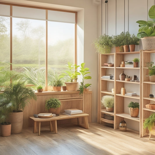 A serene, minimalist room with a floor-to-ceiling wooden shelving unit, its slats made from reclaimed wood, supporting potted plants and a few discreetly placed solar panels, bathed in warm, natural light.