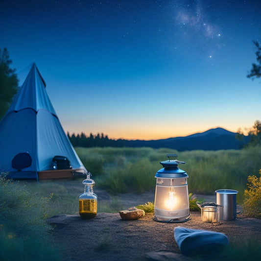 A serene campsite scene with a sustainable twist: a solar-powered lantern, a portable stove fueled by recyclable canisters, and a reusable water filter system, surrounded by lush greenery and a starry night sky.