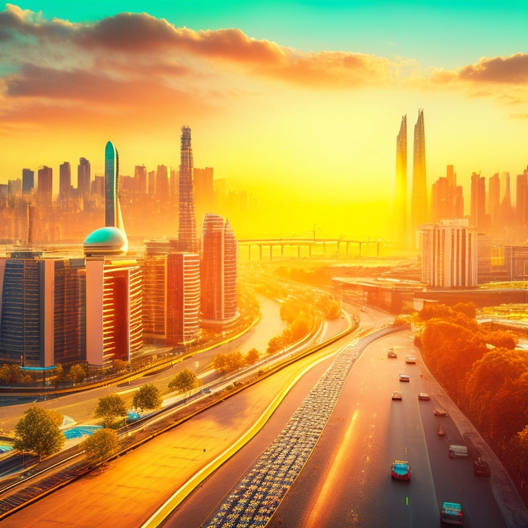 A futuristic cityscape bathed in golden sunset, featuring sleek solar panels on rooftops, vertical wind turbines, vibrant green parks, and electric vehicles gliding along clean, wide streets, symbolizing a harmonious blend of technology and nature.