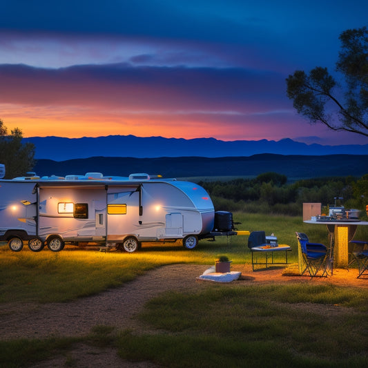A serene campsite at dusk with an RV in the background, a split-screen comparison of different battery types (lead-acid, AGM, lithium-ion) and their corresponding voltage meters, wires, and connectors.