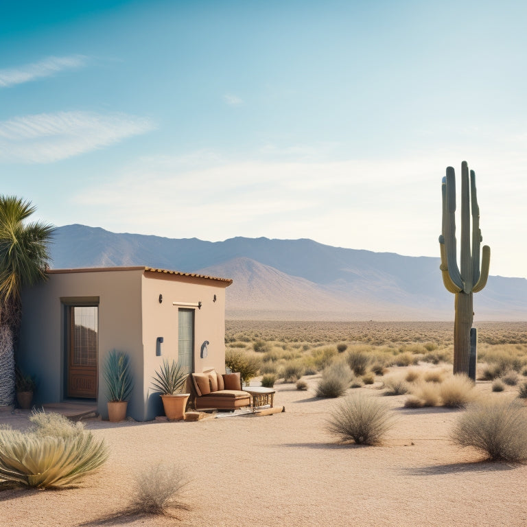 A serene desert landscape with a modern evaporative cooler beside a rustic adobe home, showcasing a refreshing mist in the dry air, vibrant greenery around, and a bright blue sky with fluffy clouds.