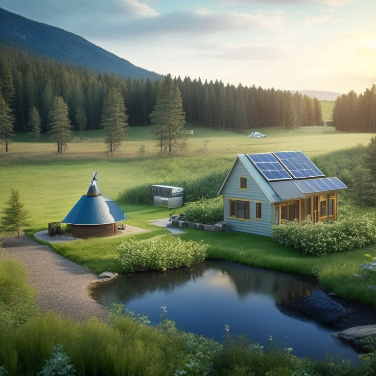 A serene landscape featuring a self-sustaining off-grid cabin surrounded by lush greenery, with a wind turbine and solar panels generating power, and a water purification system in the foreground.