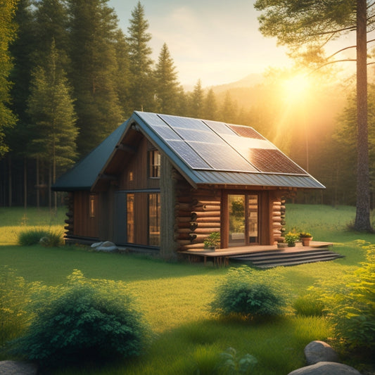 A serene landscape with a rustic cabin surrounded by lush greenery, featuring a sleek off-grid solar system on the roof, with a few panels slightly angled to absorb sunlight.