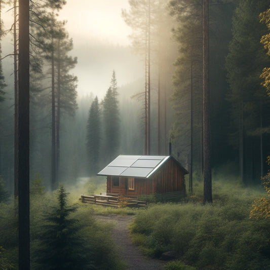 A serene, misty forest backdrop with a remote cabin in the distance, featuring a solar panel array on the roof and a battery bank visible through a window, surrounded by evergreen trees.