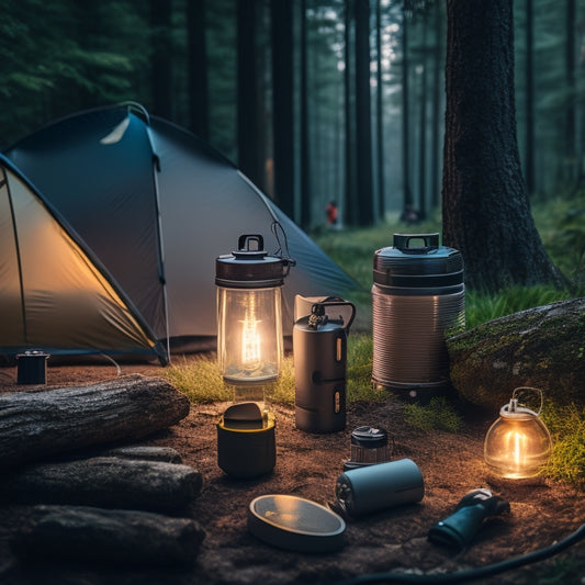 Generate an image of various LED camping lights on a forest floor, including a headlamp, lantern, string lights, and a portable power bank, surrounded by camping gear and trees.