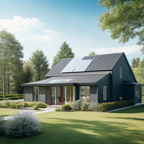 A serene suburban home with a pitched roof, adorned with sleek black solar panels, surrounded by lush greenery and a bright blue sky with a few puffy white clouds.