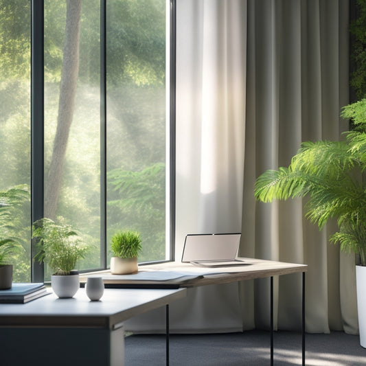 A serene, minimalist workspace with a sleek, solar-powered desk lamp, surrounded by lush greenery, adjacent to a floor-to-ceiling window with a subtle, natural light-filtering curtain.