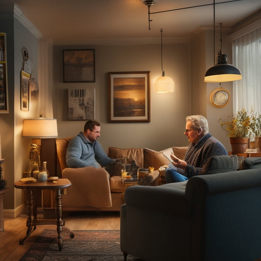 A cozy living room with a thermostat on the wall, a window with closed curtains, and a person holding a flashlight, inspecting a ceiling fixture, surrounded by scattered energy-efficient light bulbs and a toolbox.