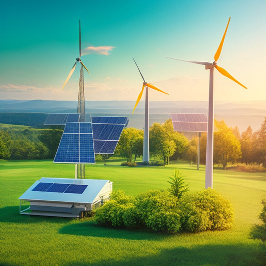 An illustration of a wind turbine and solar panels powering a cell tower, surrounded by lush greenery, with a subtle grid of connected devices in the background, symbolizing sustainable connectivity.