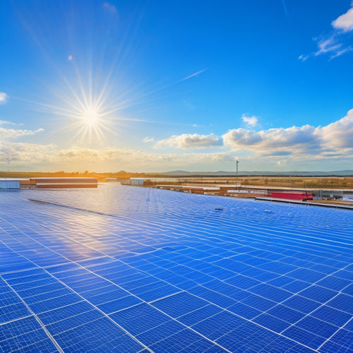 A photorealistic image depicting a sprawling industrial rooftop covered in sleek, silver solar panels, with a bright blue sky and fluffy white clouds in the background, highlighting the intersection of technology and nature.