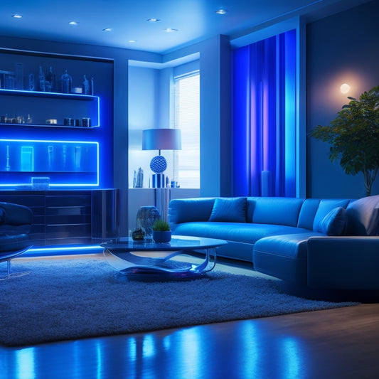 A futuristic living room with sleek, modern furniture, featuring a prominently displayed energy storage battery system with sleek, metallic casing and glowing blue LED lights.