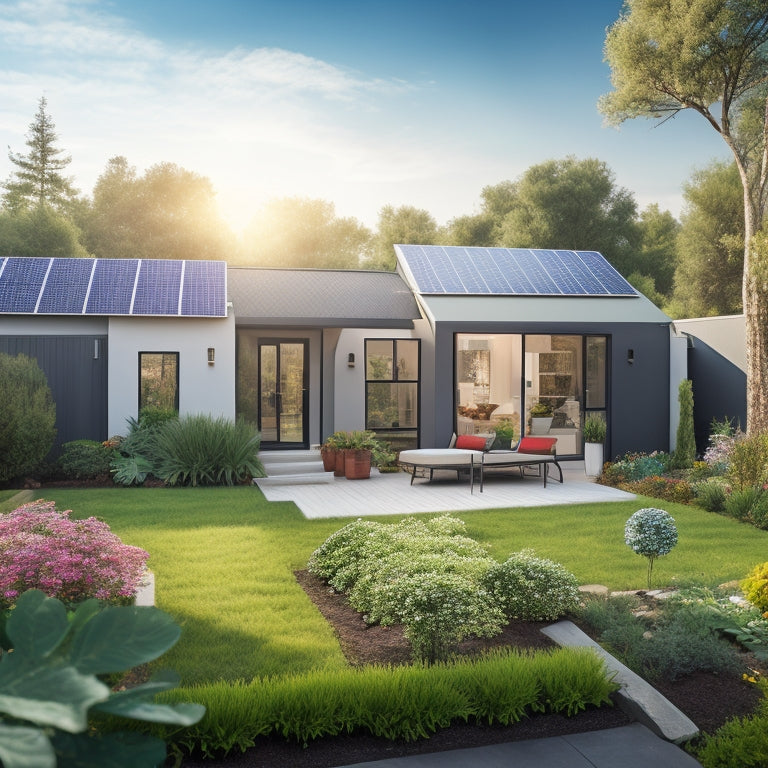 A serene backyard with a modern home in the background, featuring three to five solar panels mounted on a sleek, silver ground mounting rack system, surrounded by lush greenery and a few potted plants.